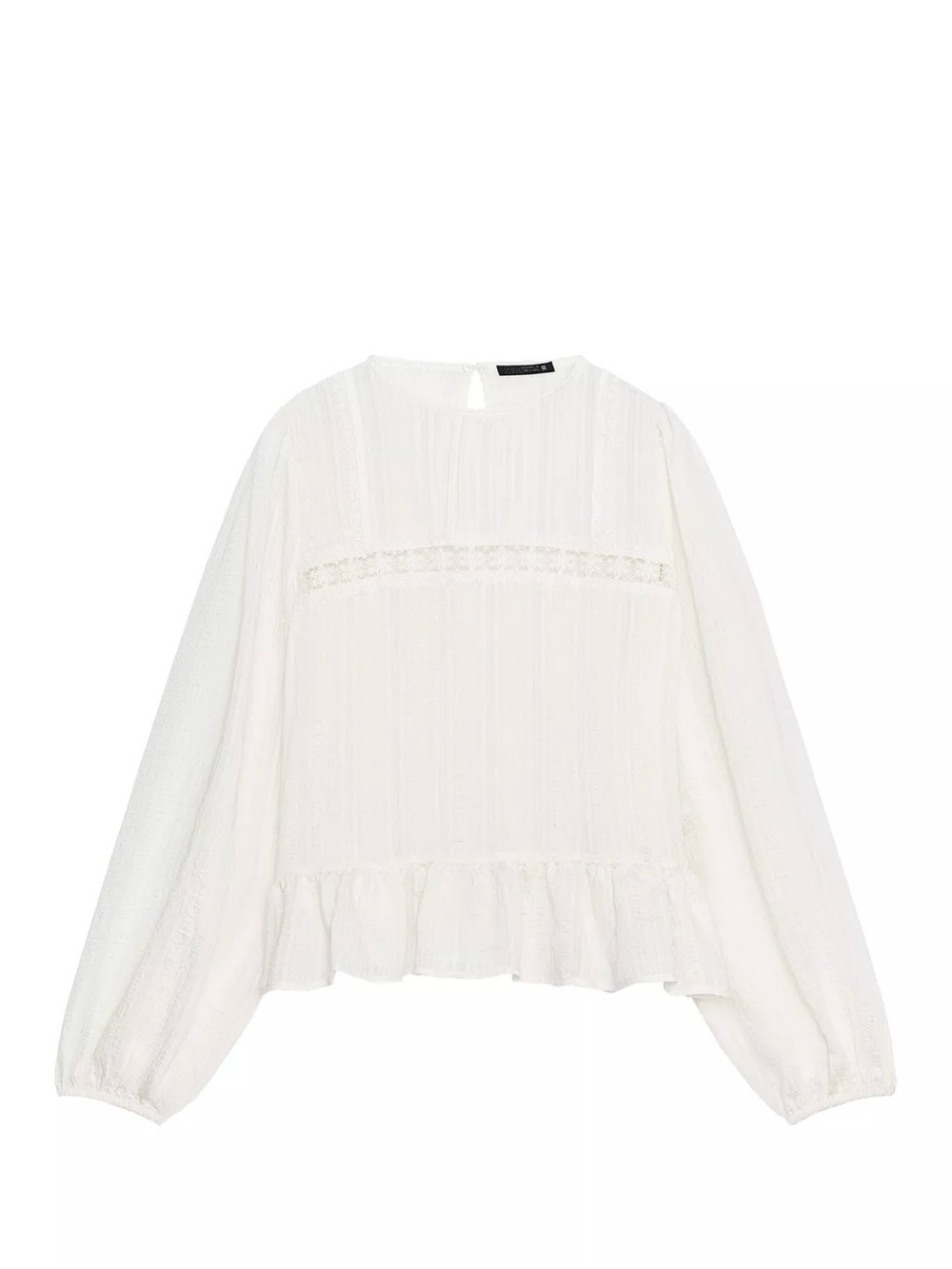 Zara White Lace-Trim Ruffle Hem Blouse